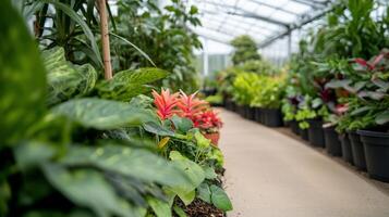 A walkway in a greenhouse with lots of plants photo