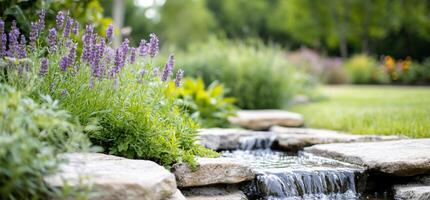 A garden with a stream running through it photo