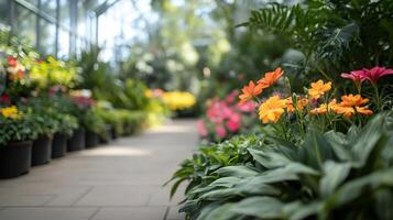 A row of colorful flowers in a greenhouse photo