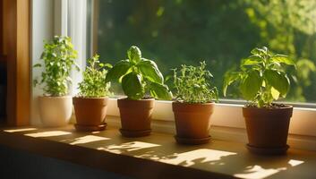 Five small pots of herbs are sitting on a window sill photo