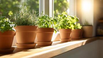 Several pots of herbs are lined up on a window sill photo