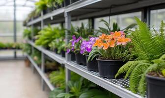 A row of potted plants in a greenhouse photo