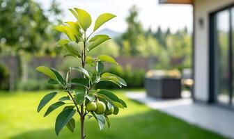 A small tree with fruit on it in the backyard photo