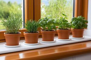 Five pots of herbs are sitting on a window sill photo