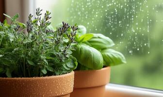Two pots of herbs sit on a window sill photo