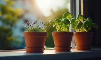 Three potted plants on a window sill photo