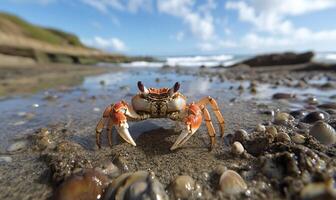 A crab walking on the beach with shells and rocks photo