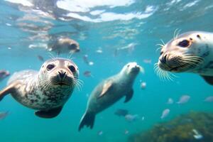 A group of seals swimming in the ocean photo