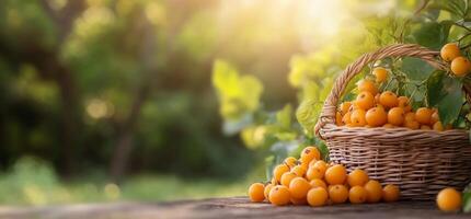 A basket full of ripe apricots on a sunny day photo