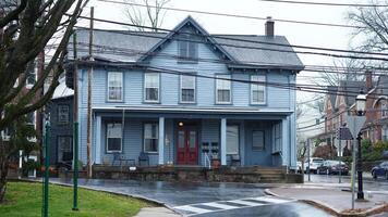 The street view with the christmas decoration along the doors and windows during the christmas days photo