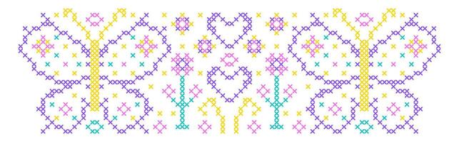 Pattern in cross stitch style with flowers, butterflies and hearts. vector