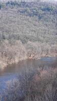 The forest landscape with one river running in the valley in winter photo