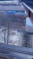 One old railway iron track across in the valley among the mountains photo