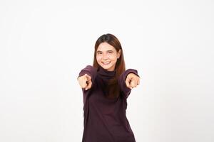 Smiling pointing at you or camera, i want you gesture Of Beautiful Asian Woman Isolated On White Background photo