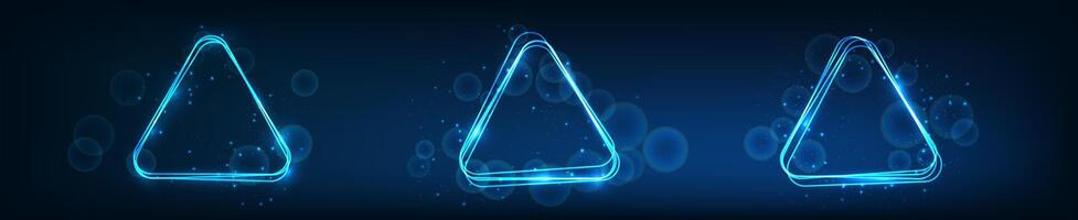 Neon rounded triangle frame with shining effects and sparkles vector