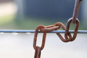 This is an image of a rusty chain link hanging on a metal wire adorned with raindrops photo
