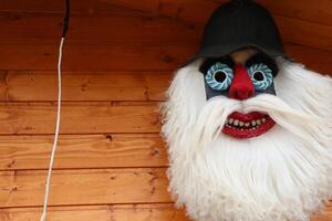 A Vibrant Colorful Mask Featuring a Distinctive White Beard and Unusual, Striking Eyes photo