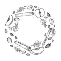 Almond seed, apple slice, cinnamon stick and leaf branch wreath painted by black inks. Nuts with fruits, seasoning ingredients monochrome illustration with empty space for text. vector