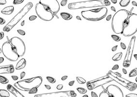 Almond seed, apple slice and cinnamon stick horizontal frame in black and white colors. Nuts with fruits, seasoning ingredients monochrome illustration with empty space for text. vector