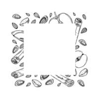 Almond nuts, apple slices and cinnamon sticks square frame painted by black inks. Seeds, fruits, seasoning ingredients monochrome illustration with empty space for text. For package design vector