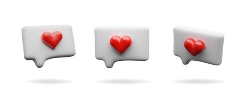3d render set love speech bubble. Romantic online communication. Three dimensional illustration collection message with heart shape. Chat of love discussion, social conversation. Media comment vector