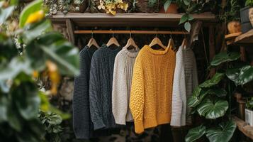 Four sweaters hanging on a rack in a room photo