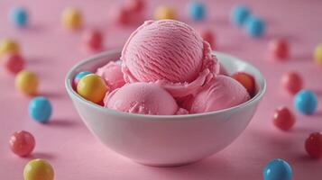 A bowl of pink ice cream with candy around it photo