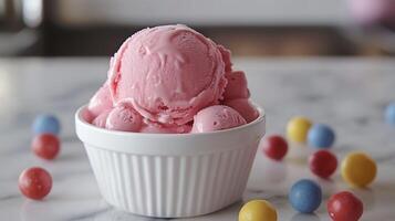 A bowl of pink ice cream with candy around it photo
