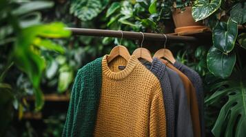 Three sweaters hanging on a rack in front of plants photo