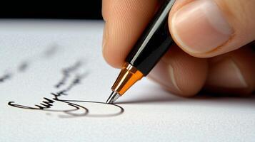 A person signing a letter with a pen photo