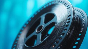A close up of a film reel on a blue background photo