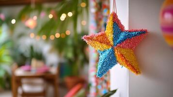 A colorful pinata hanging on a wall photo