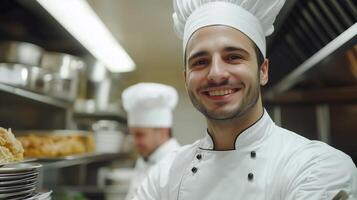 A smiling male chef in a kitchen photo