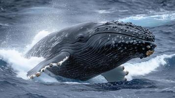 A humpback whale is breaching in the ocean photo