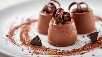 Chocolate mousse dessert on white plate photo