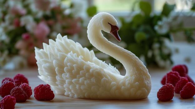 A white swan sitting on a table with raspberries photo