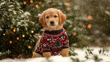 A golden retriever wearing a sweater in the snow photo