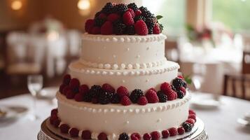 A wedding cake with berries on top photo