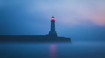 A lighthouse is silhouetted against the foggy sky photo