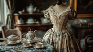 A dress and tea set on a table photo