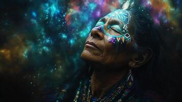 An old woman with a colorful face paint and a starry background photo