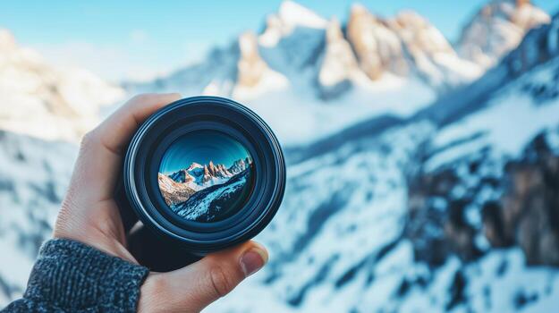 A person holding a camera lens in front of a snowy mountain range photo