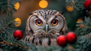 Owl in christmas tree background photo