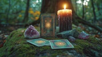 A candle, crystals and a book on a mossy ground photo