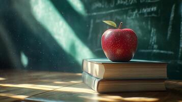 An apple sits on top of a stack of books photo