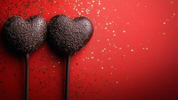Two chocolate hearts on a red background photo