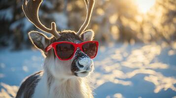 A reindeer wearing sunglasses in the snow photo