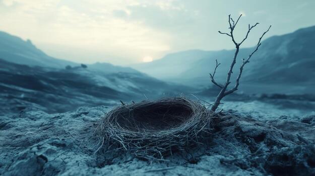 A bird nest in the middle of a field photo