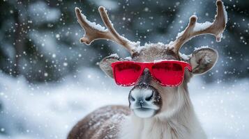 A reindeer wearing red sunglasses in the snow photo