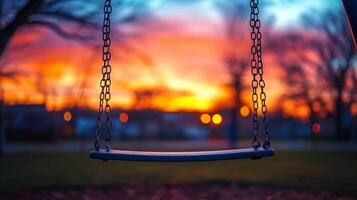 A swing is shown in front of a sunset photo